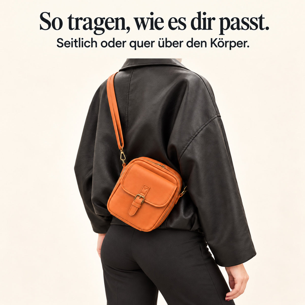 Mavelle in Braun an der Hüfte getragen – seitliches Studiomotiv. So tragen, wie es dir passt. Seitlich oder quer über den Körper.