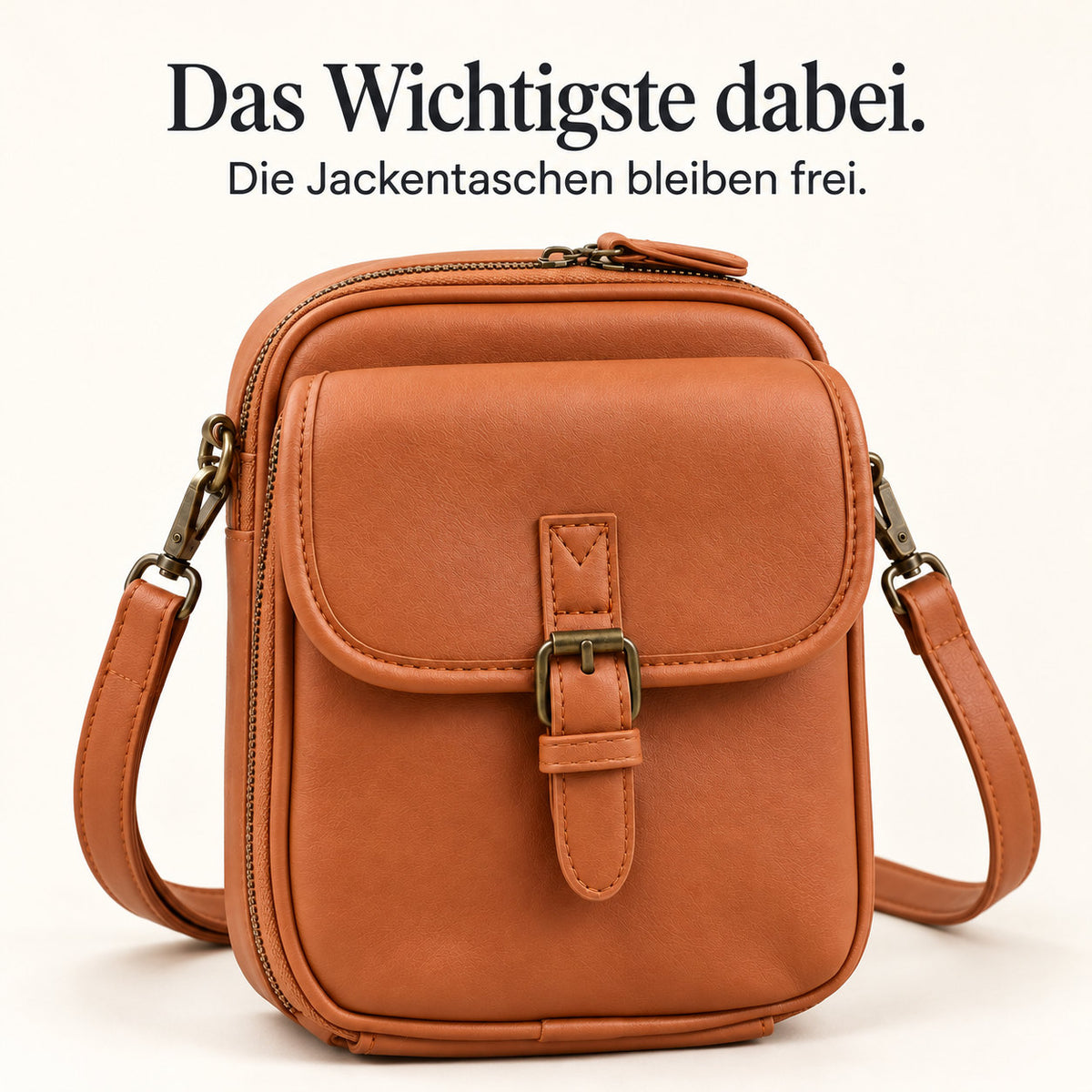 Mavelle Umhängetasche in Braun – Studioansicht. Das Wichtigste dabei. Die Jackentaschen bleiben frei.