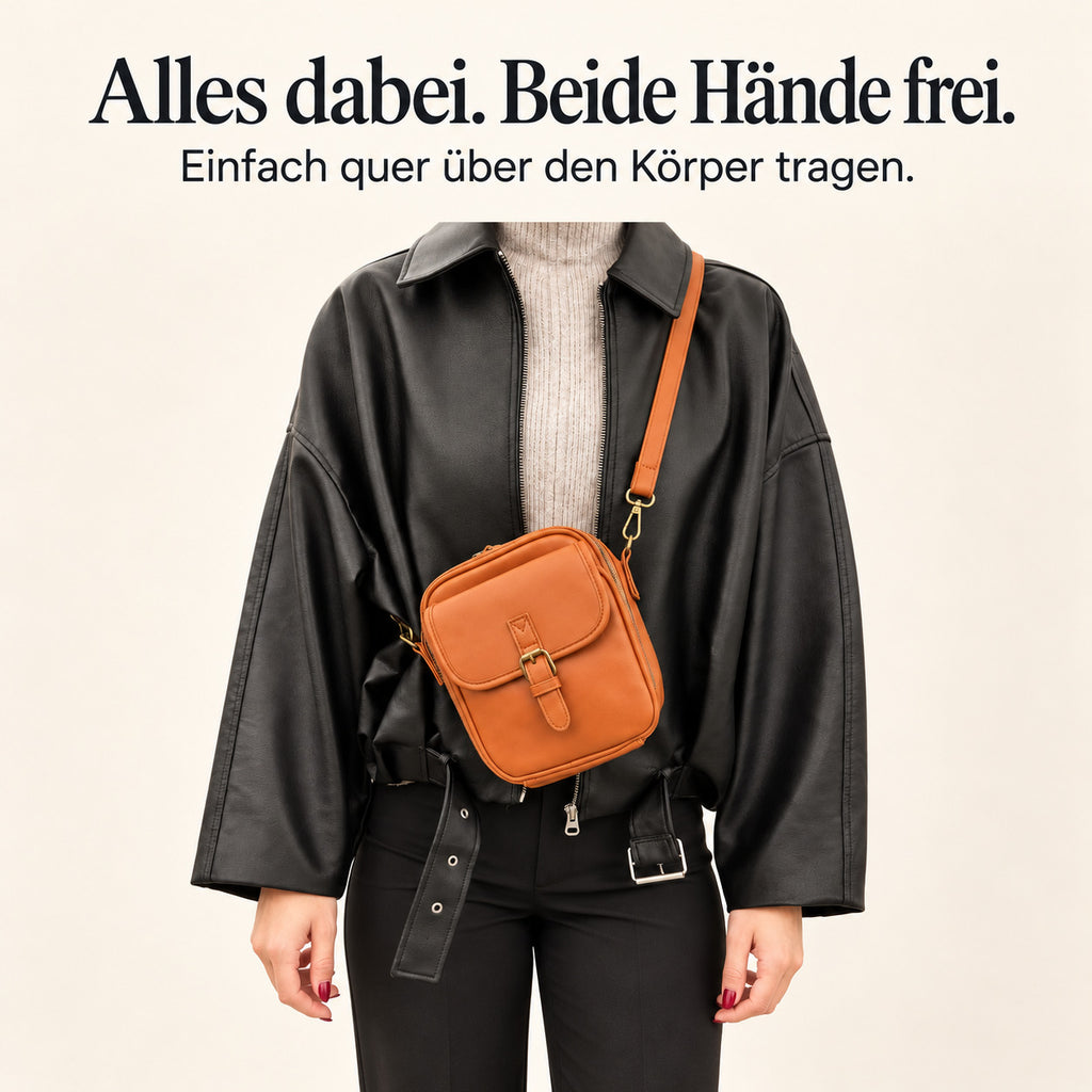 Mavelle in Braun quer am Körper getragen – Studiomotiv. Alles dabei. Beide Hände frei. Einfach quer über den Körper tragen.