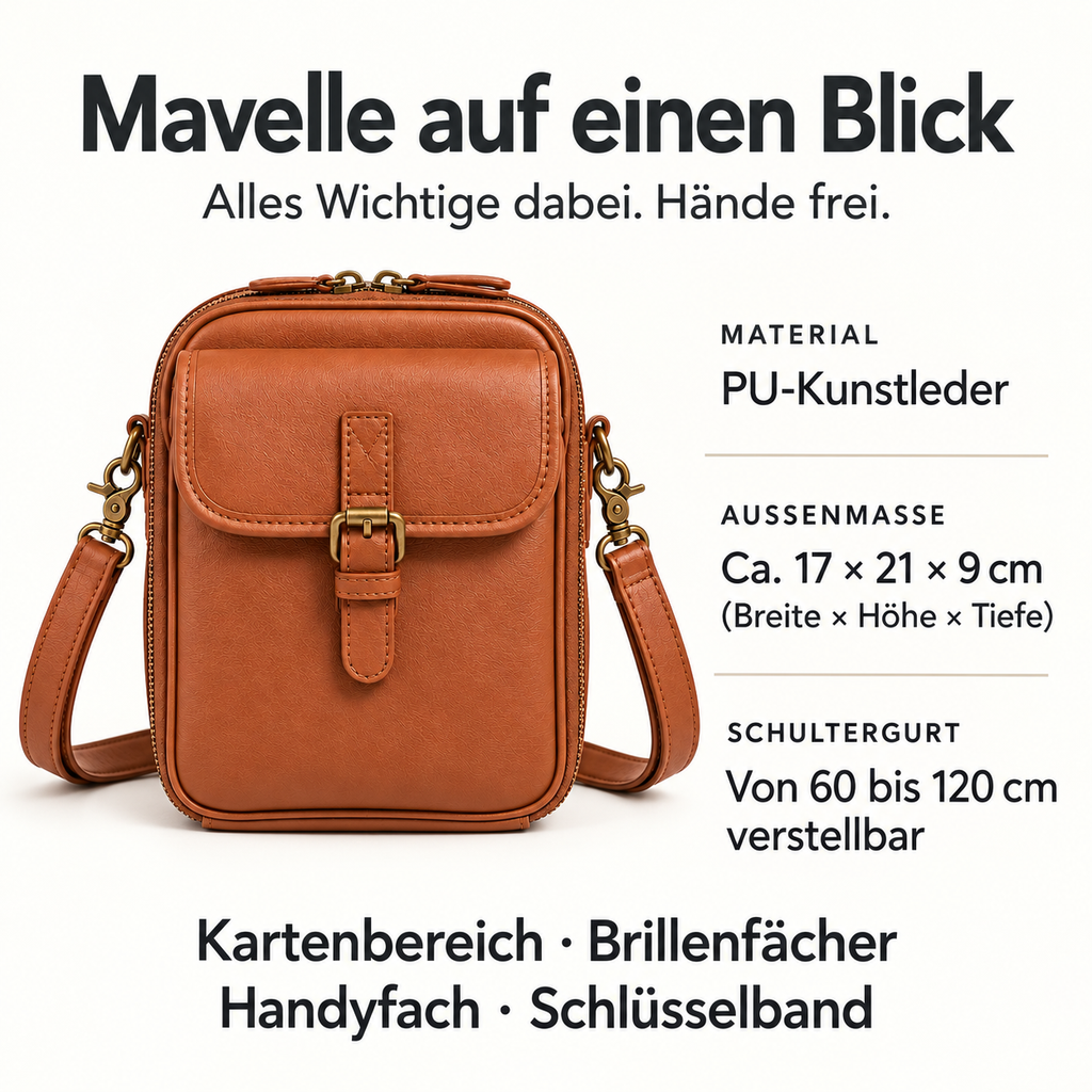 Mavelle auf einen Blick: PU-Kunstleder; Außenmaße ca. 17 × 21 × 9 cm (Breite × Höhe × Tiefe); Schultergurt von 60 bis 120 cm verstellbar; Kartenbereich, Brillenfächer, Handyfach und Schlüsselband.