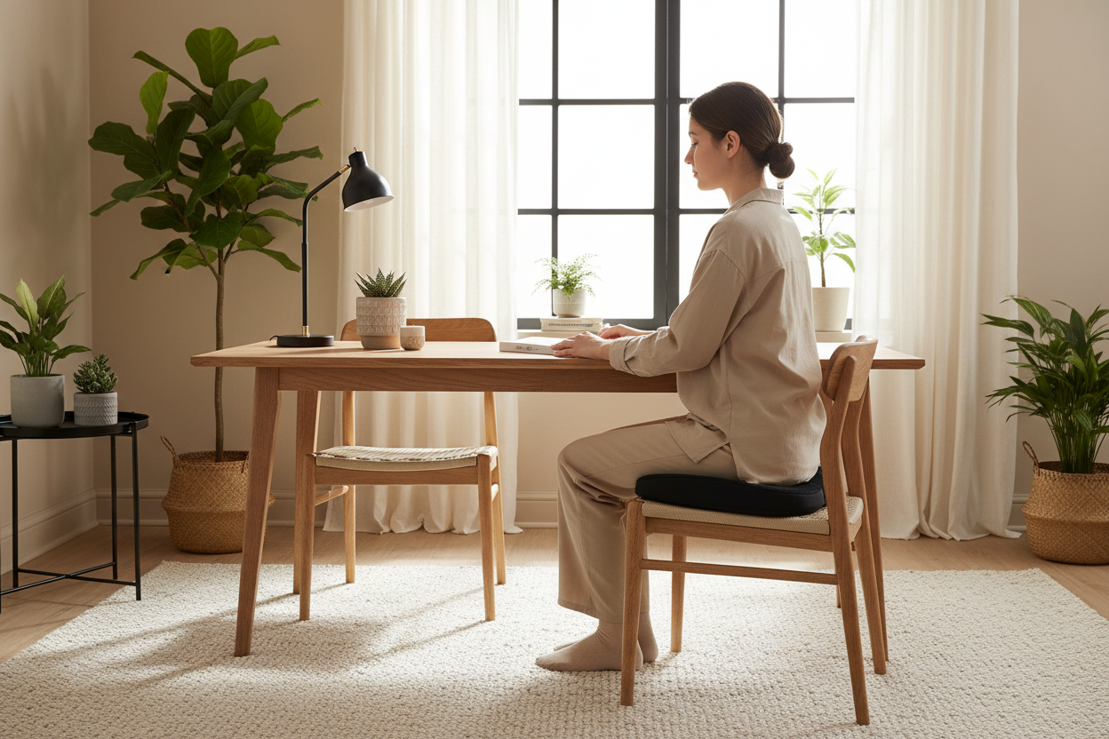 Person auf Stuhl mit realistischem Sitzkissen